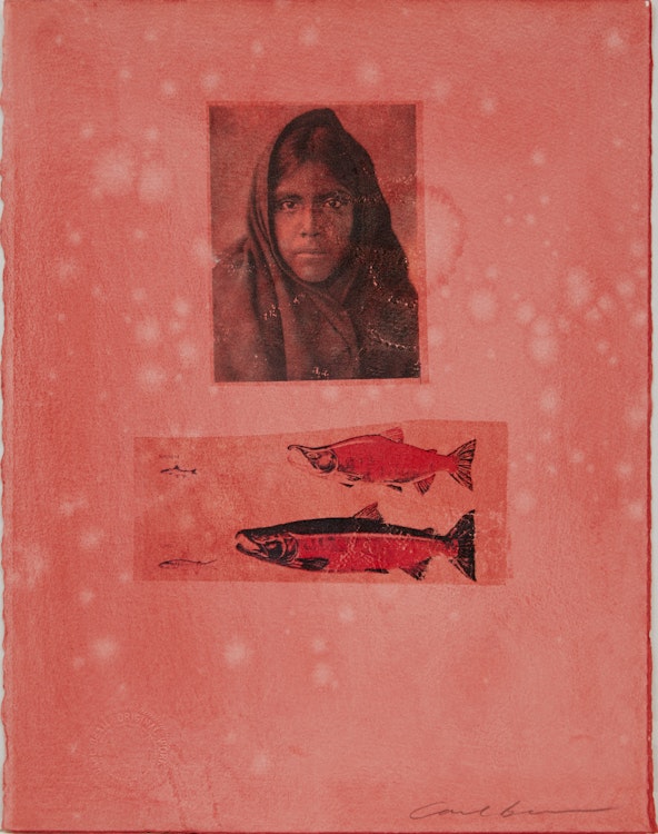 Artwork by Carl Beam, Portrait and two Fish