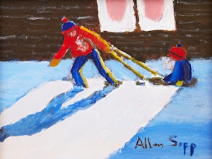 Artwork by Allen Sapp, Being Pulled on a Sled