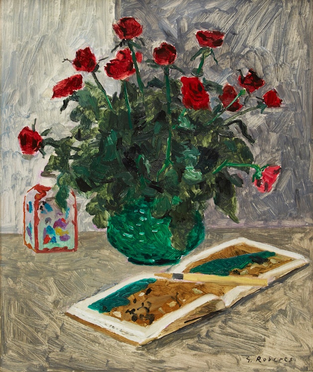 Artwork by William Goodridge Roberts,  Roses in Green Vase 