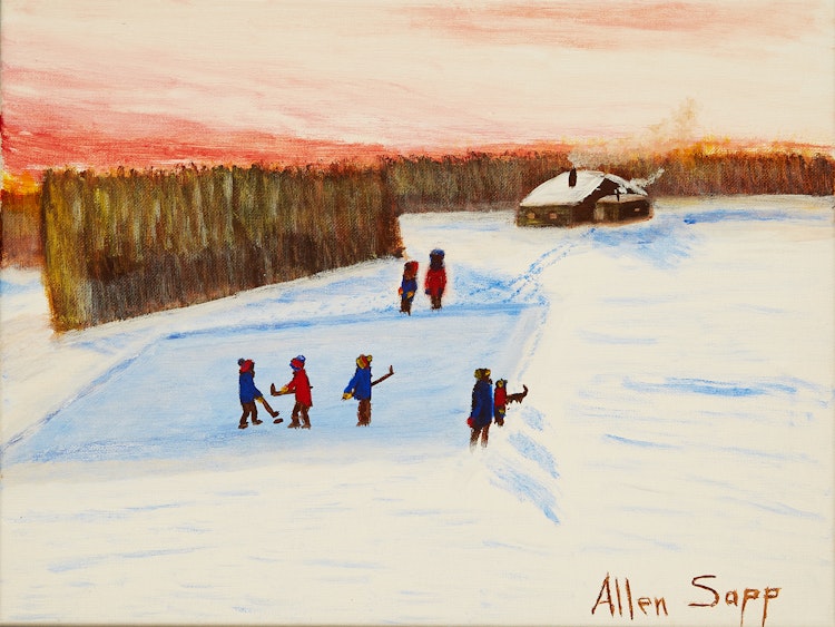 Artwork by Allen Sapp,  Playing Shinny