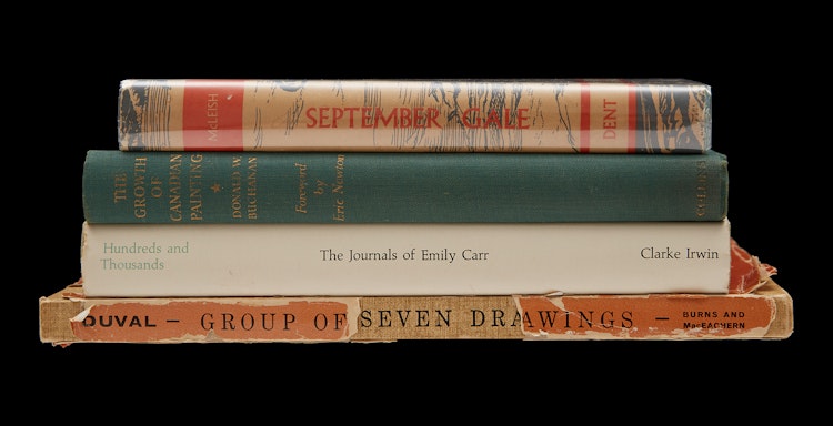 Artwork by  Books and Reference,  September Gale: A Study of Arthur Lismer (John A.B. McLeish); The Growth of Canadian Painting (Donald W. Buchanan); Hundreds and Thousands: The Journals of Emily Carr (Clarke Irwin); Group of Seven Drawings (Paul Duval)