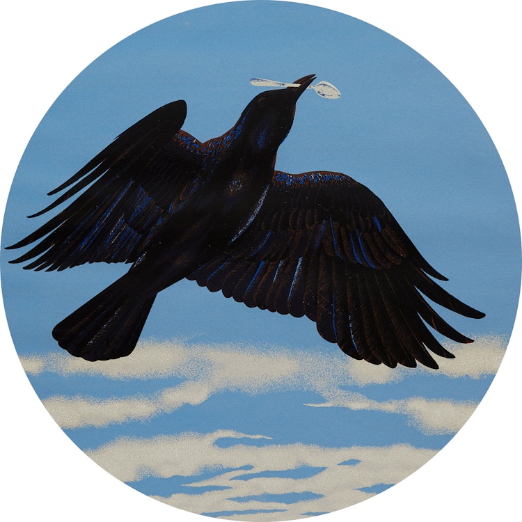 Artwork by David Alexander Colville,  Crow with Silver Spoon