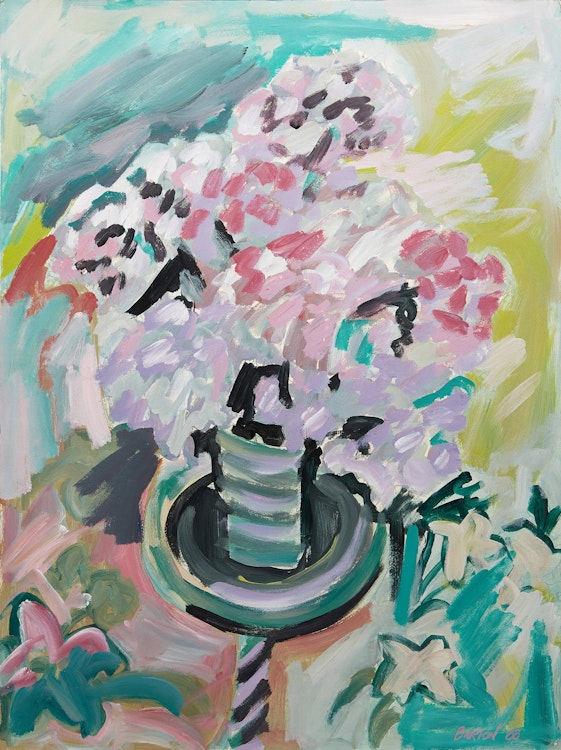 Artwork by Nixie Barton, Hydrangeas on a 40s Ashtray Without the Marbles