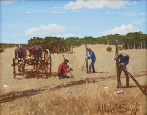 Artwork by Allen Sapp, Mending a Fence