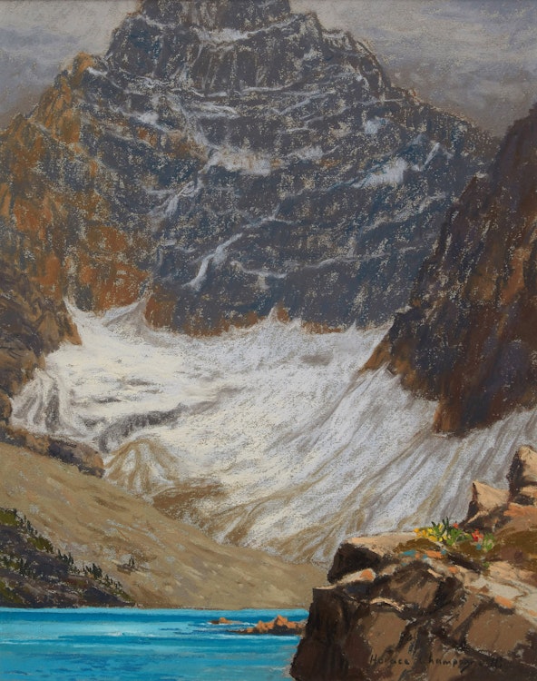 Artwork by Horace Champagne,  Mount Biddle in September, with Lake McArthur -- Yoho National Park, B.C.