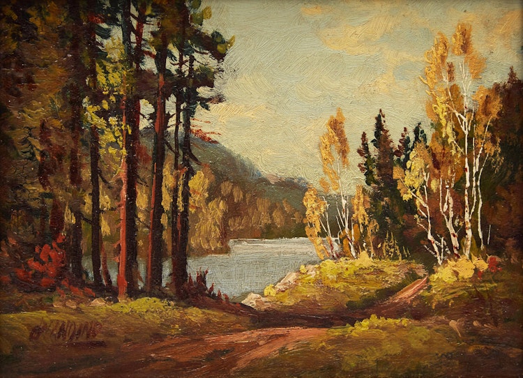 Artwork by Otto Planding, Road by the River; River Landscape