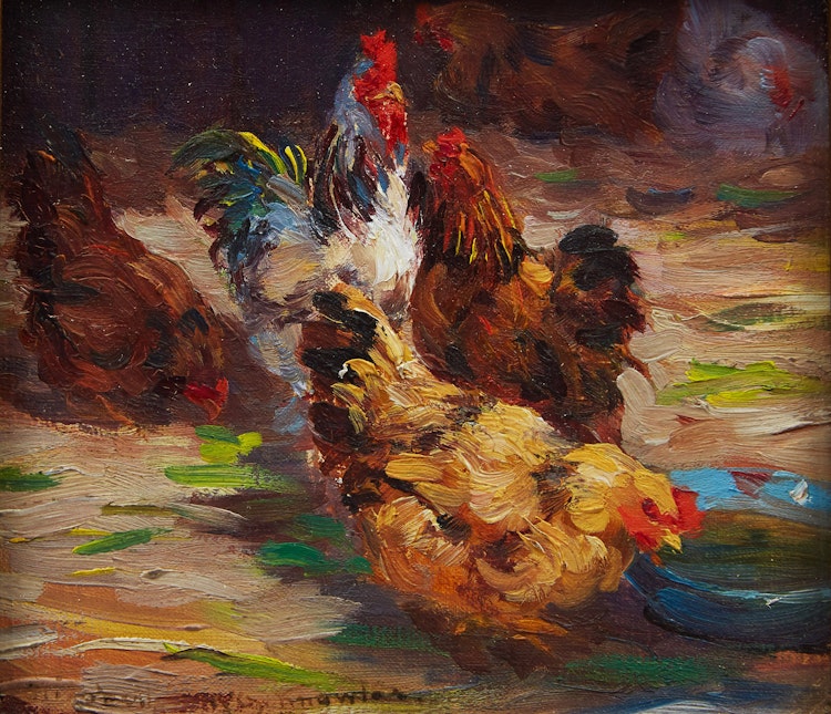 Artwork by Elizabeth Annie McGillivray Knowles,  Rooster with Three Hens; Rooster with Two Hens Feeding