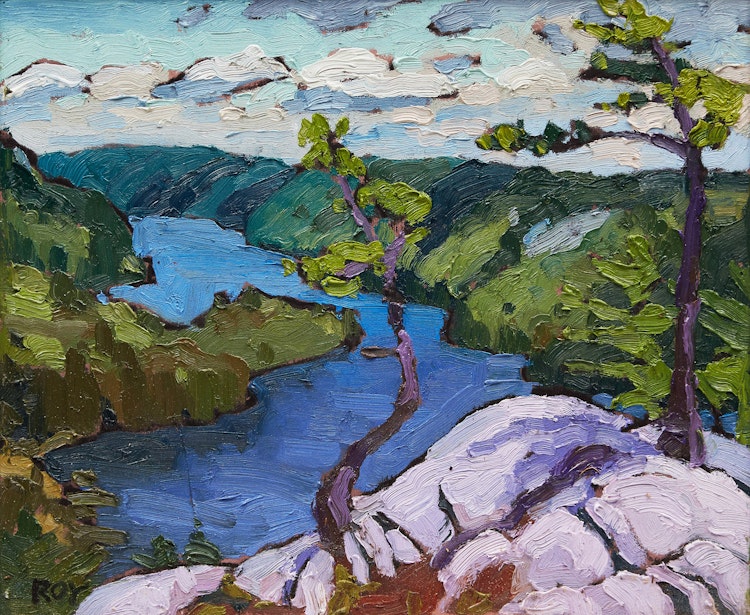 Artwork by Rejean Roy, Two Pines on Nellie Lake
