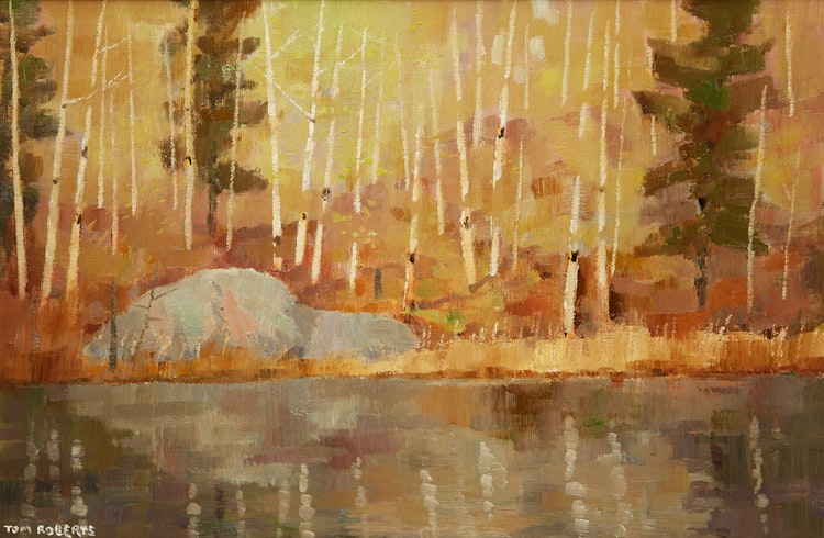 Artwork by Thomas Keith Roberts,  Spring Birches by the Pond