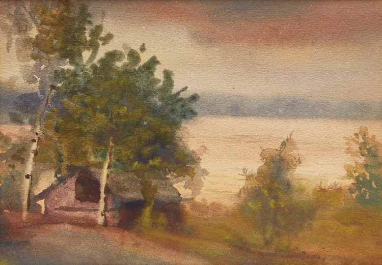Artwork by Owen Staples, Cabin Within The Trees; River Scene