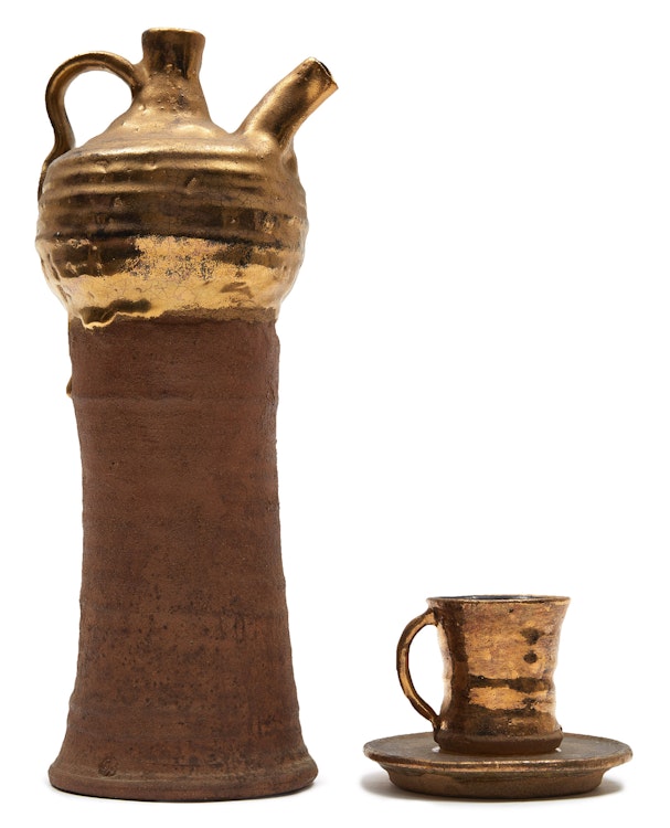 Artwork by Gathie Falk, Footed Gold Jug with Cup and Saucer