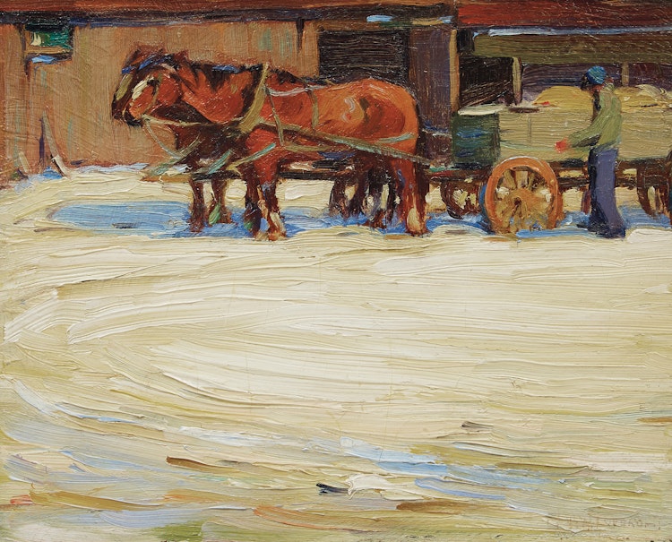 Artwork by Frederick Nicholas Loveroff,  Horses Pulling a Wagon, Winter