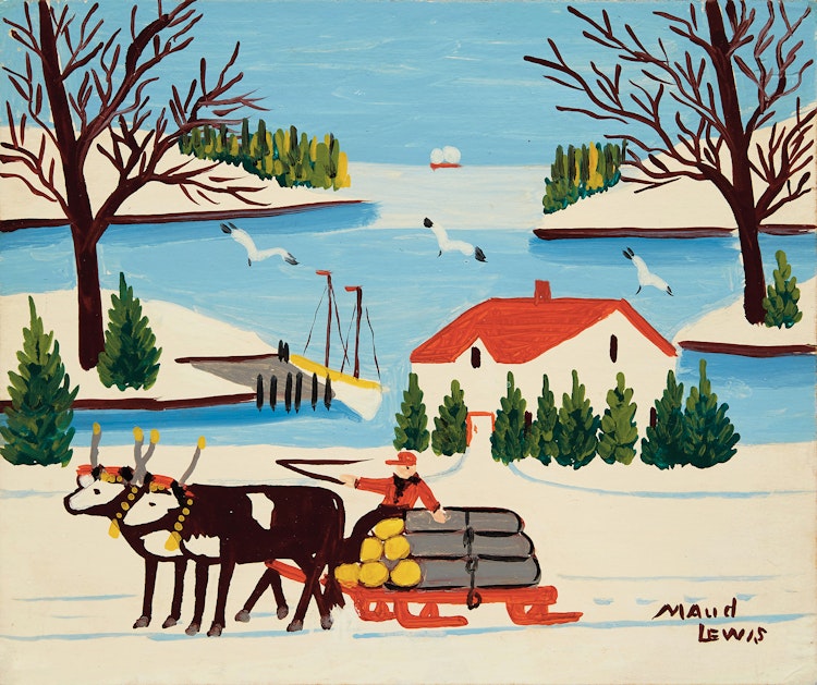 Artwork by Maud Lewis,  Pair of Oxen with Sled of Logs