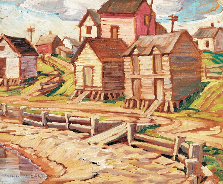Artwork by Doris Jean McCarthy, Fish Storage Sheds, Gaspé