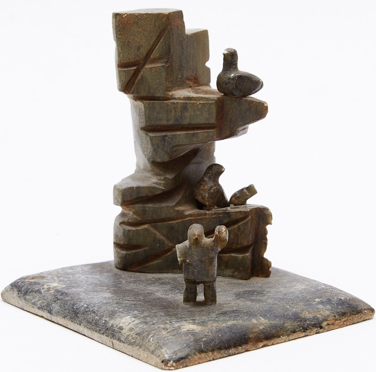 Artwork by Daniel Kanatsiaq, Composition; Birds in Rookery & Figure Throwing Stones