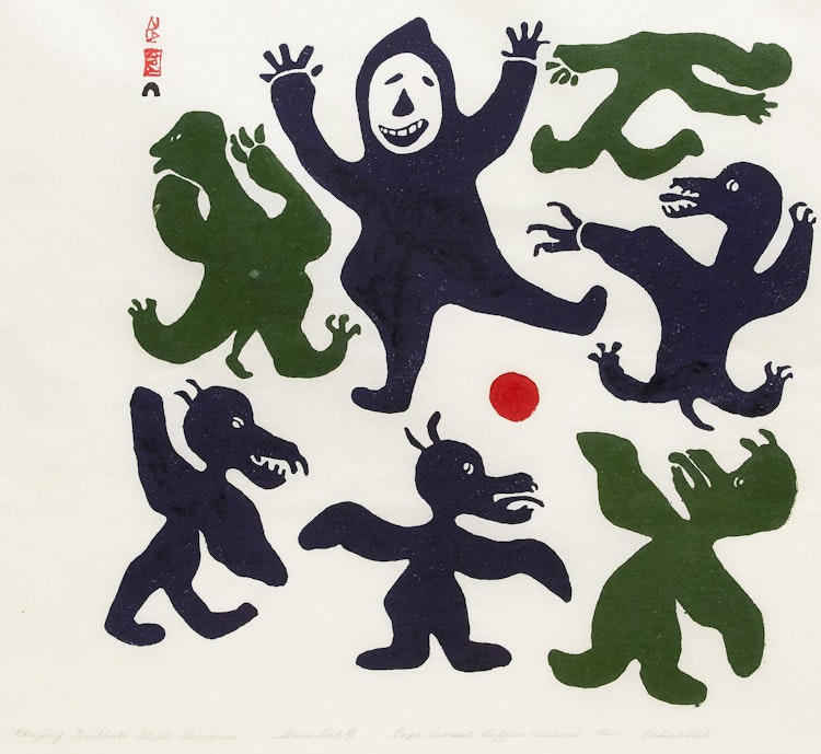 Artwork by Pitseolak Ashoona, Playing Kickball with Demons