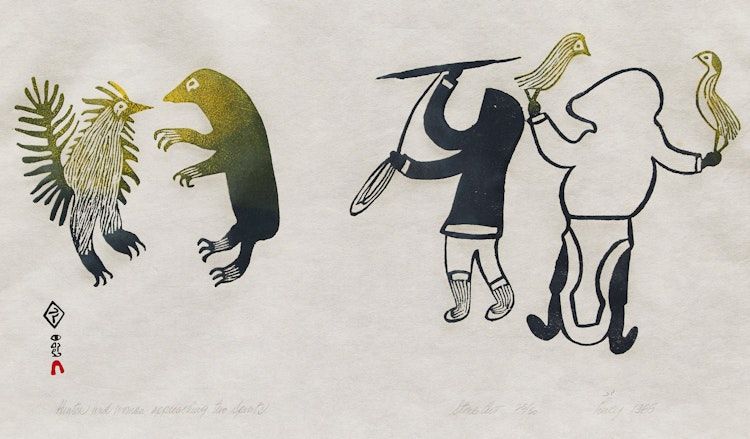 Artwork by Lucy Qinnuayuak,  Hunter and Woman Approaching Two Spirits