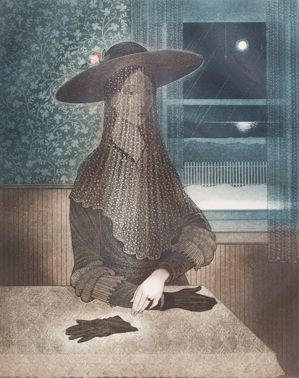 Artwork by David Lloyd Blackwood, Beautiful Young Mummer in Margaret Feltham’s House