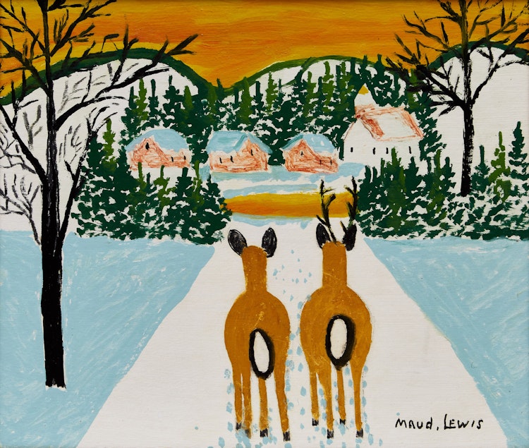 Artwork by Maud Lewis,  Two Deer in a Winter Landscape