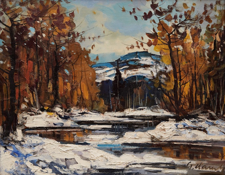 Artwork by Geza Gordon Marich, Winter Stream Landscape