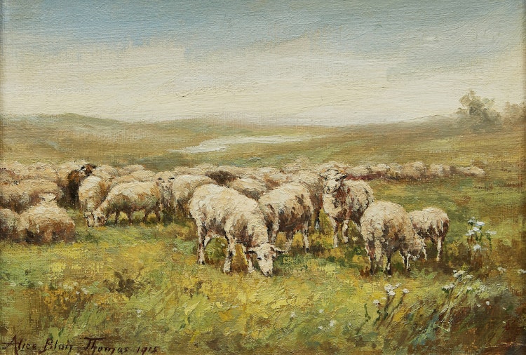 Artwork by Alice Blair Pollard Thomas, Sunset (1918); Leaving the Village (1915); Farm House; Grazing Sheep (1915)