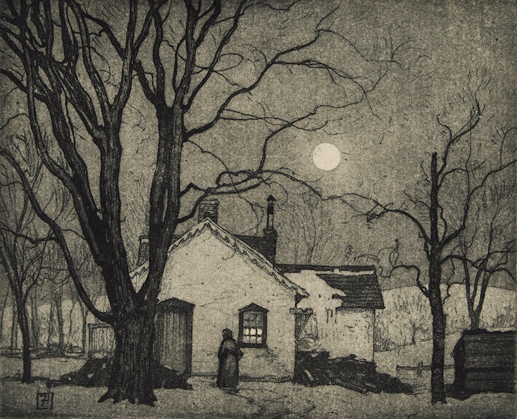 Artwork by Frederick Stanley Haines,  “Home under Moonlight”