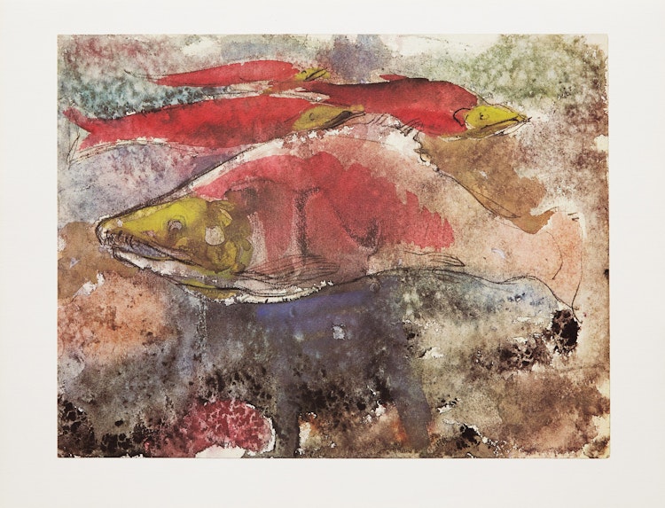 Artwork by Bill Ronald Reid, “Le Saumon” by Roderick Haig-Brown