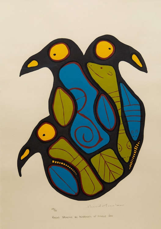 Artwork by Norval Morrisseau,  Raven Speaking on Awareness of Middle Path