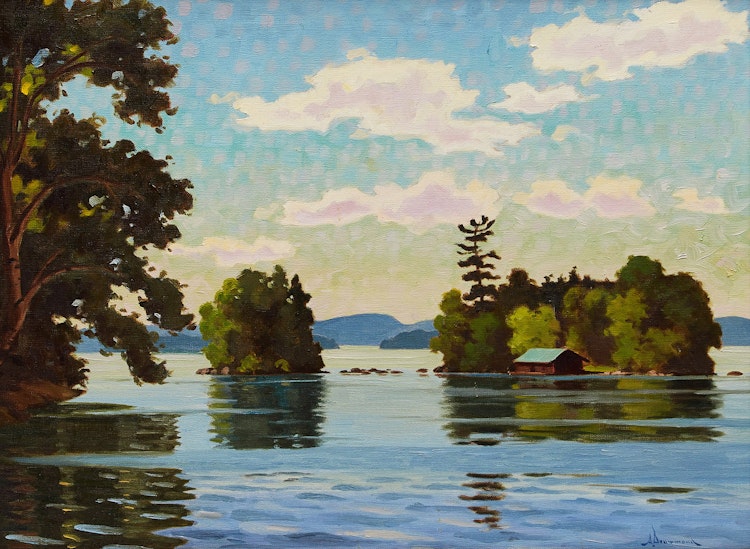 Artwork by Arthur Drummond,  Peninsula Lake with Wolf and Cub Islands