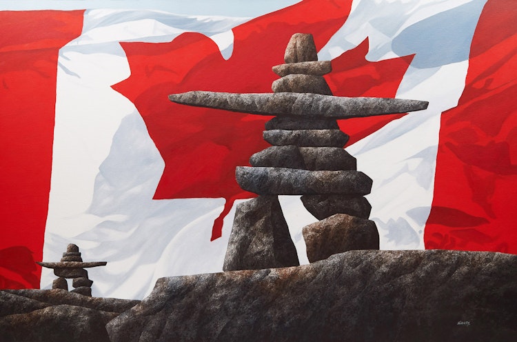 Artwork by Ken Kirkby, Inukshuk with Canadian Flag