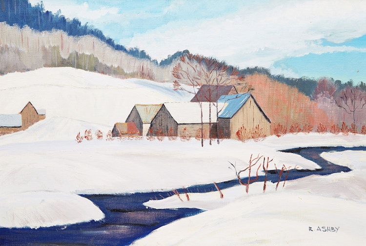 Artwork by R Ashby,  Winter Farm Scene