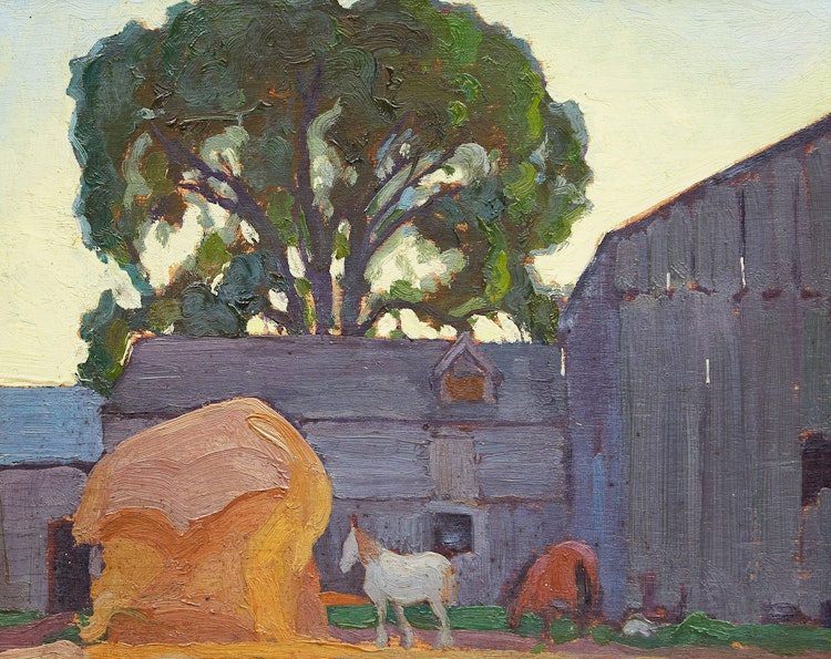 Artwork by Frederick Stanley Haines,  Untitled - Horses, Hay and Barn 