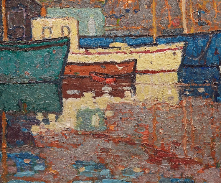 Artwork by Wilfred Forbes Withrow, Boats at the Harbour
