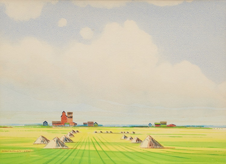 Artwork by Robert N. Hurley,  Farm Landscape with Haystacks