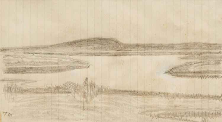 Artwork by Thoreau MacDonald, Marsh Hawk; Untitled Landscape