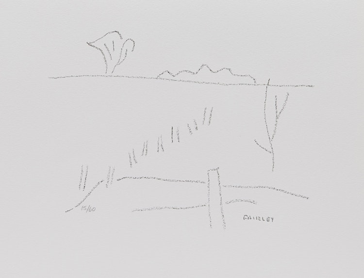 Artwork by Barker Fairley, Trees and Line of a Fence Post; House and Barn