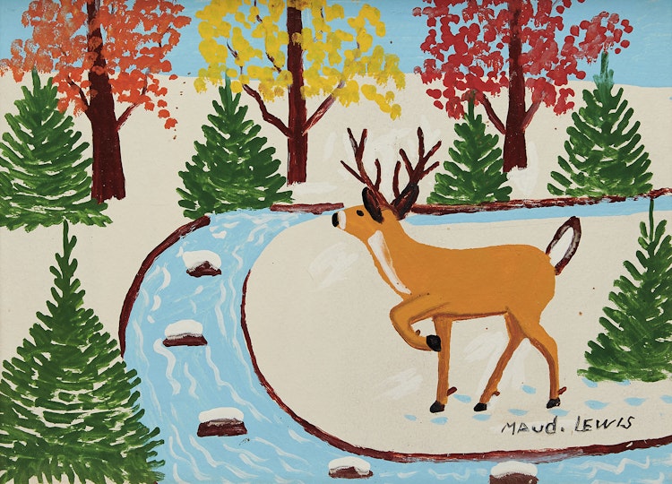 Artwork by Maud Lewis, Deer by a Stream, Winter