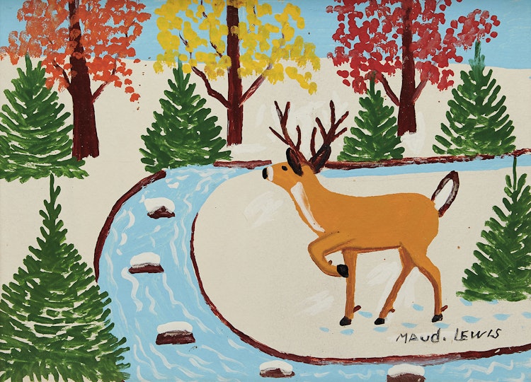 Artwork by Maud Lewis,  Deer by a Stream, Winter