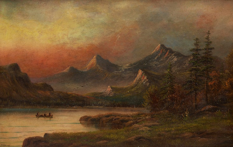 Artwork by Octavius White,  Canoeing in the Mountains