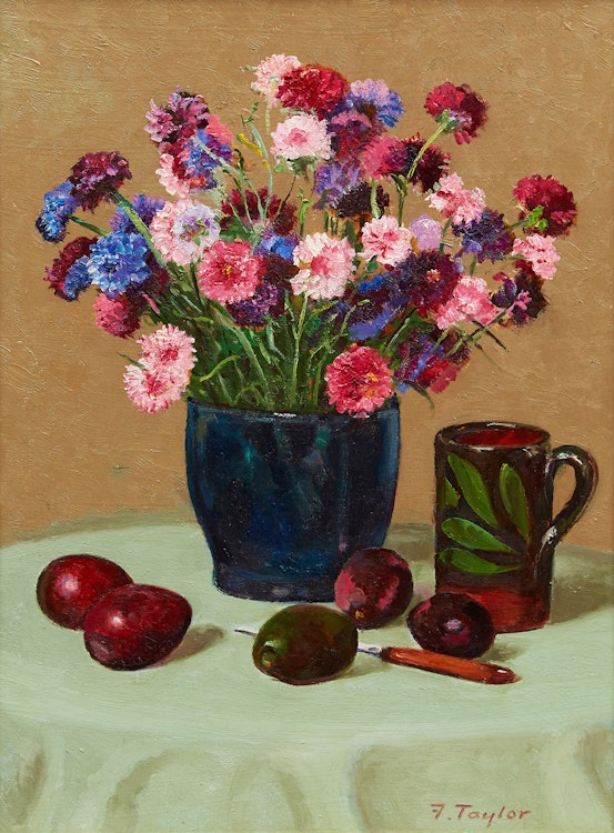 Artwork by Frederick Bourchier Taylor,  Still Life: Cornflowers, Avocados, etc. 