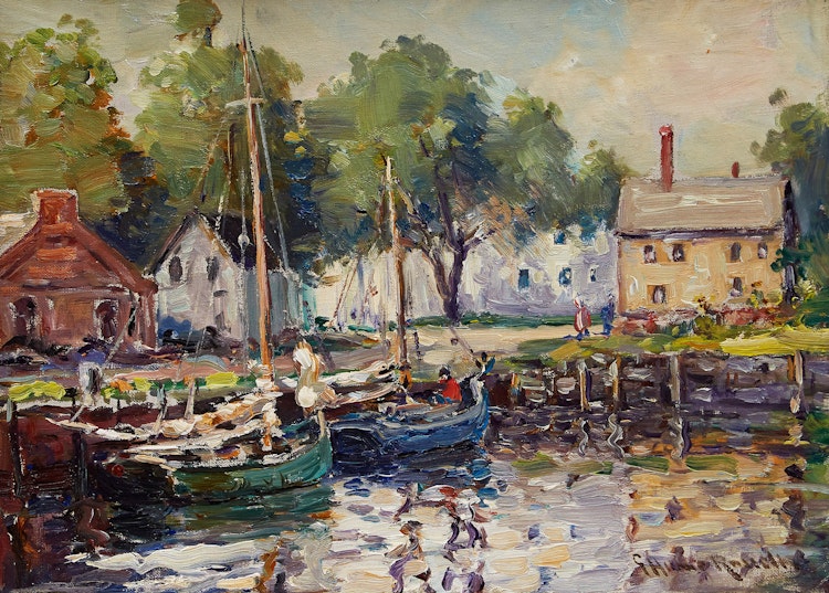 Artwork by George Horne Russell, Boats Docked at the Harbour