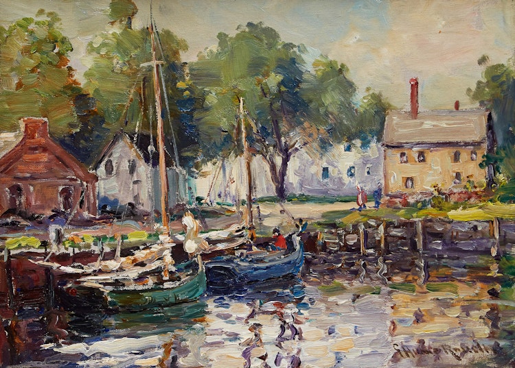 Artwork by George Horne Russell,  Boats Docked at the Harbour 