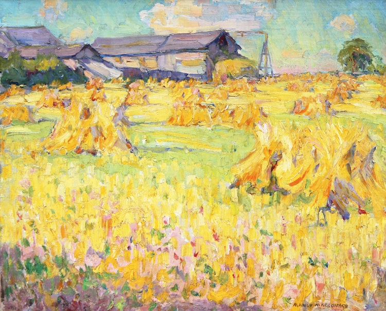 Artwork by Manly Edward MacDonald,  Hay Stooks in Summer