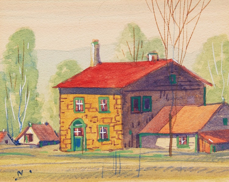 Artwork by Graham Noble Norwell,  Rural Home; Cabin by the River