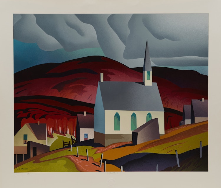Artwork by Alfred Joseph Casson, Northern Church; White Pine; Snow Laden House; White Forest