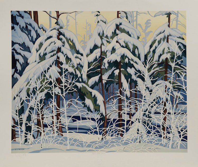 Artwork by Alfred Joseph Casson, White Forest; Alone La Cloche; White Pine; Snow Laden Spruce
