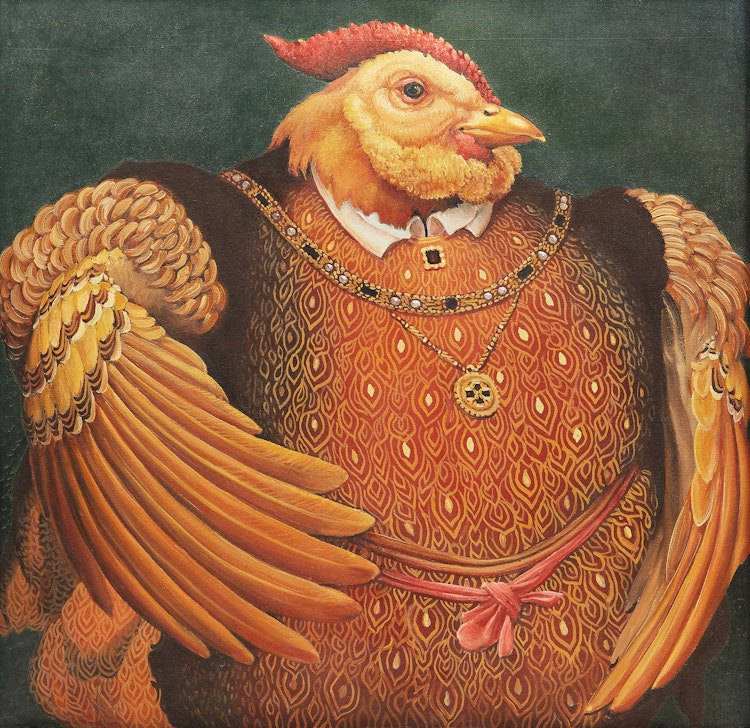 Artwork by Lindee Climo ,  Muffed Rooster as Henry the VIII (after Holbien) 