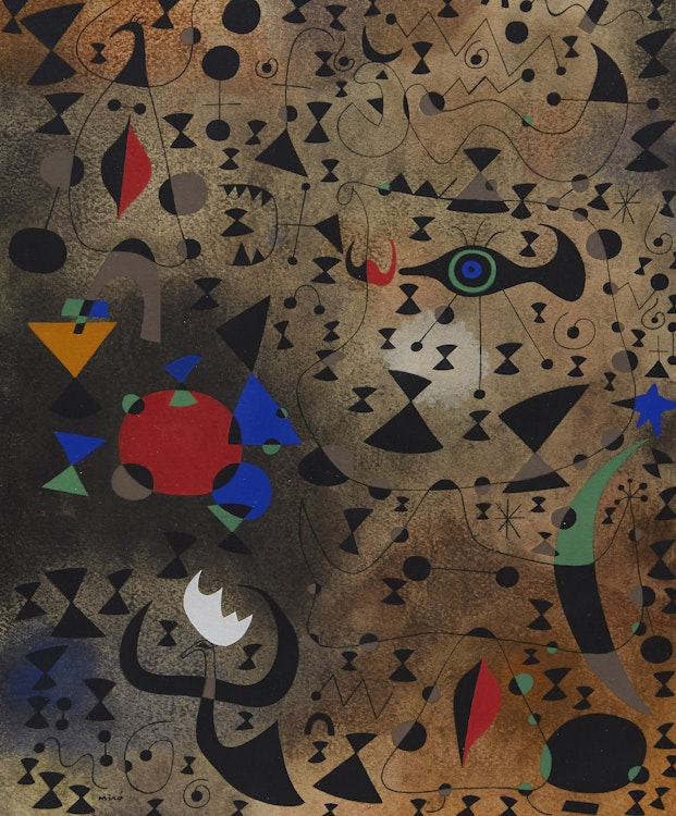 Artwork by Joan Miro, Femmes au bord du lac à la surface irisée par le passage d'un cygne