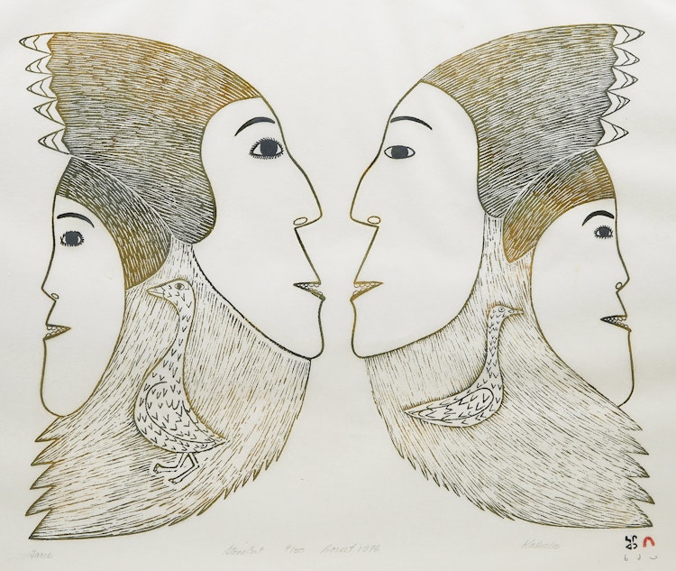 Artwork by Kakulu Saggiaktok, Ulayu Pingwartok, Eegyvudluk Pootoogook, Faces; Woman Sewing Kamiks; Young Bears at Play