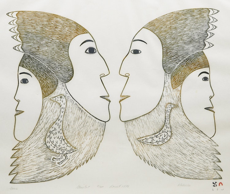 Artwork by Kakulu Saggiaktok, Ulayu Pingwartok, Eegyvudluk  Pootoogook,  Faces; Woman Sewing Kamiks; Young Bears at Play